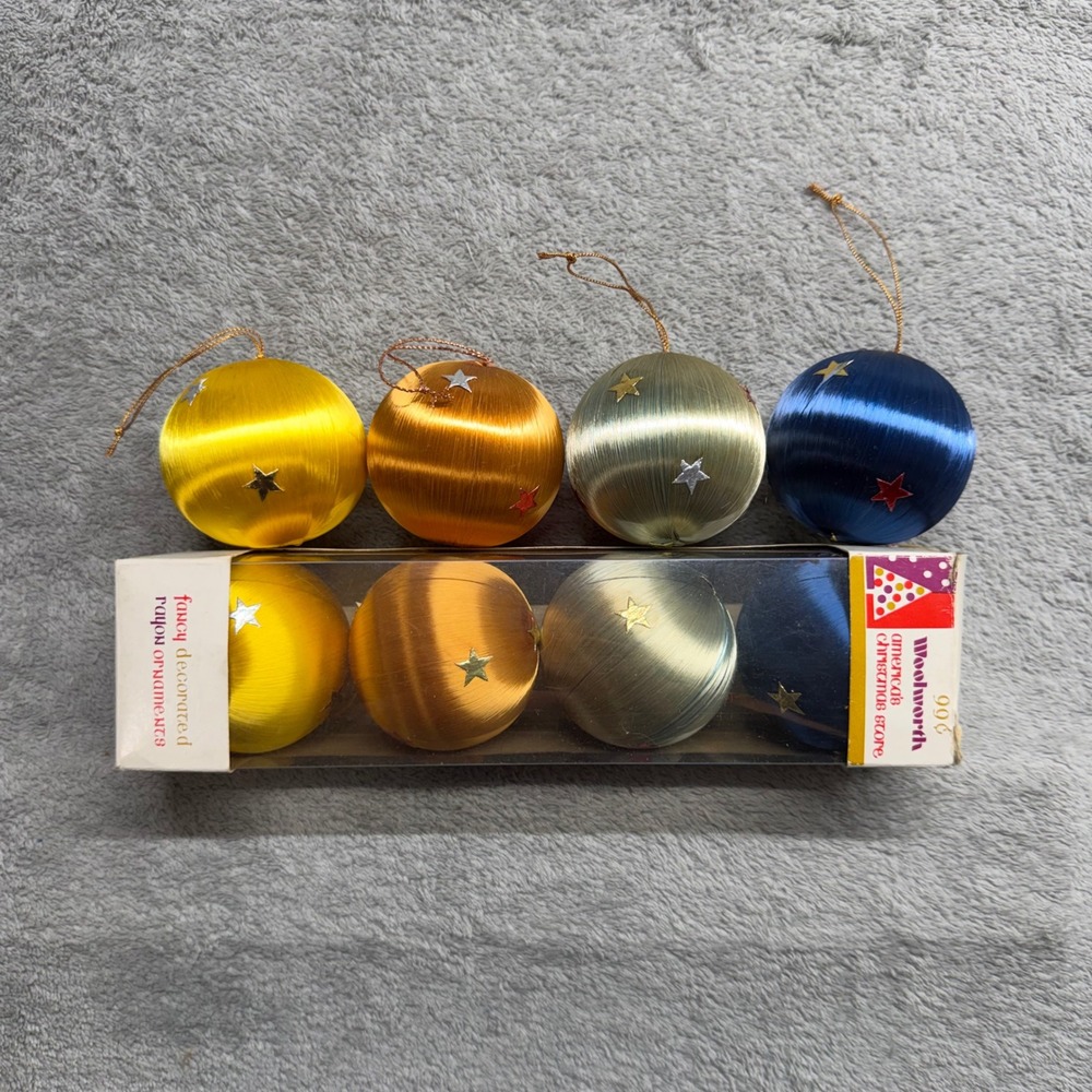 Vintage 1960s Woolworth Rayon Wrapped Star Christmas Ornaments 8 pcs 2in